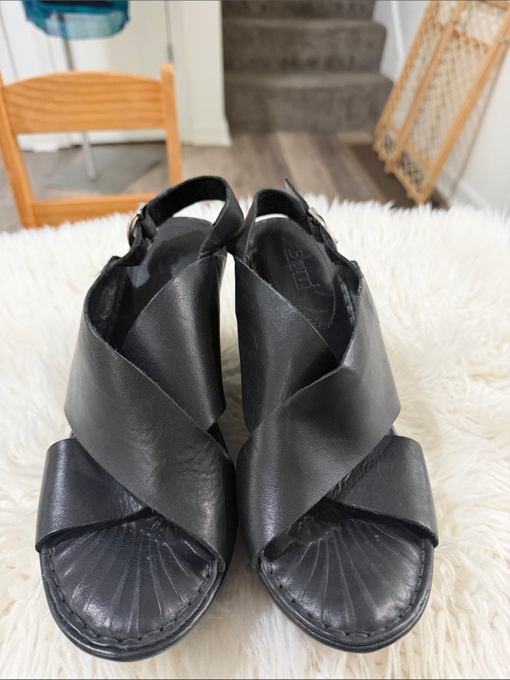 Born Black Leather Crisscross Wedge Sandals
